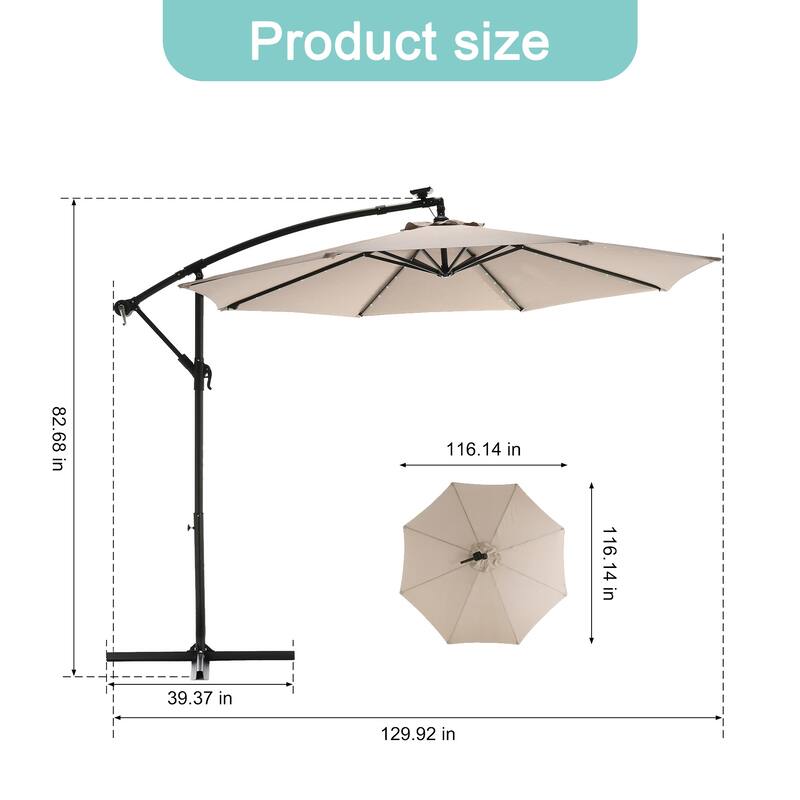 HOMEFUN 10ft Solar LED Offset Hanging Market Patio Umbrella