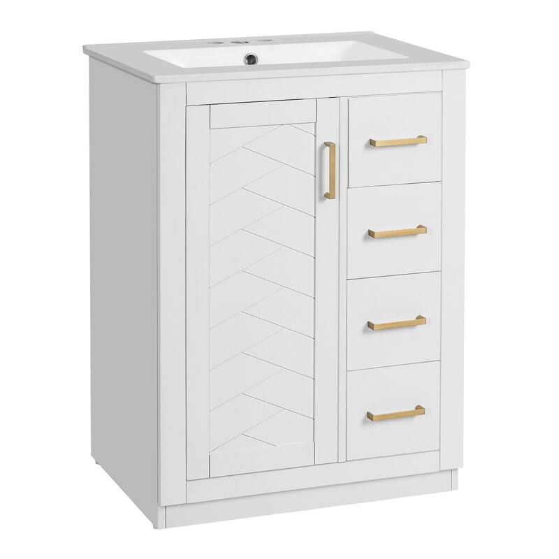 24" Bathroom Vanity with Integrated Ceramic Sink, Cabinet with 1 Door and 3 Drawers