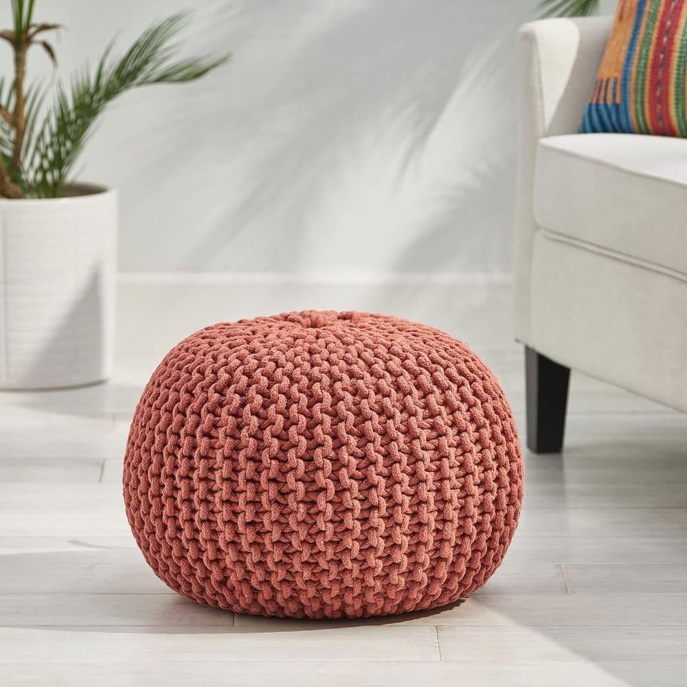 Roomfitters Chunky Knit Cotton Pouf, Handcrafted Modern Ottoman Footstool