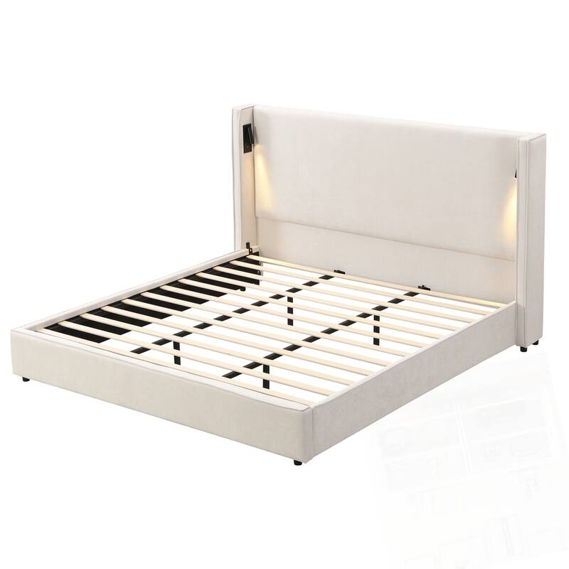 Upholstered Bed Frame with High Wingback Headboard Reading Lamp and USB port