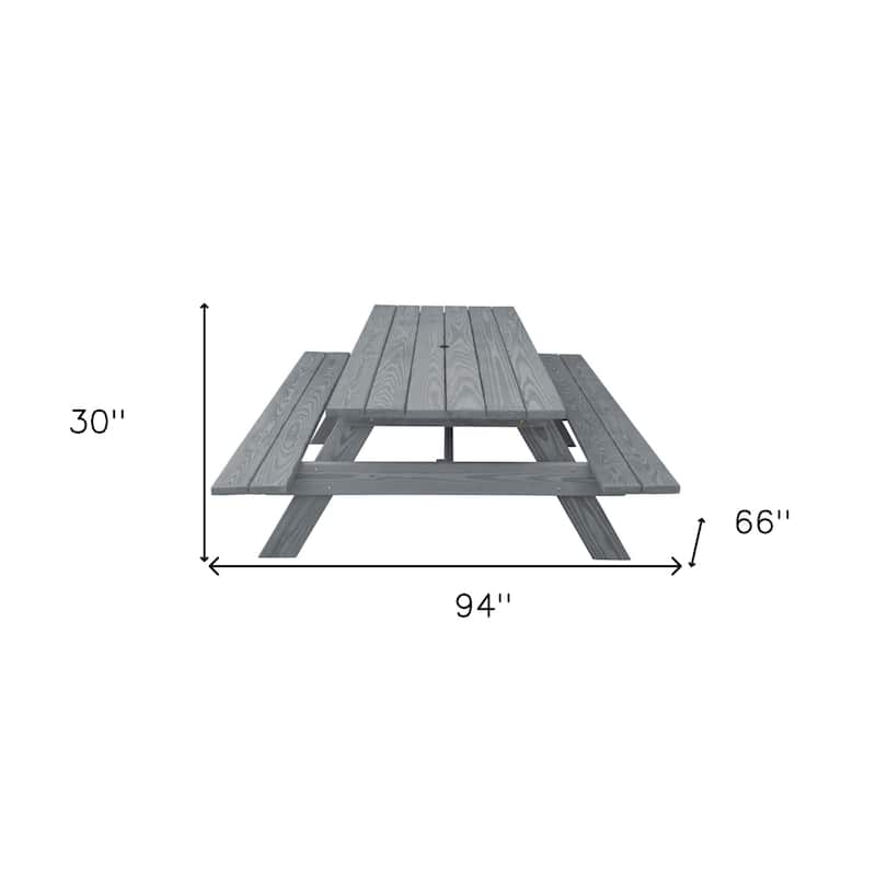 HomeRoots 94" Gray Solid Wood Outdoor Picnic Table with Umbrella Hole