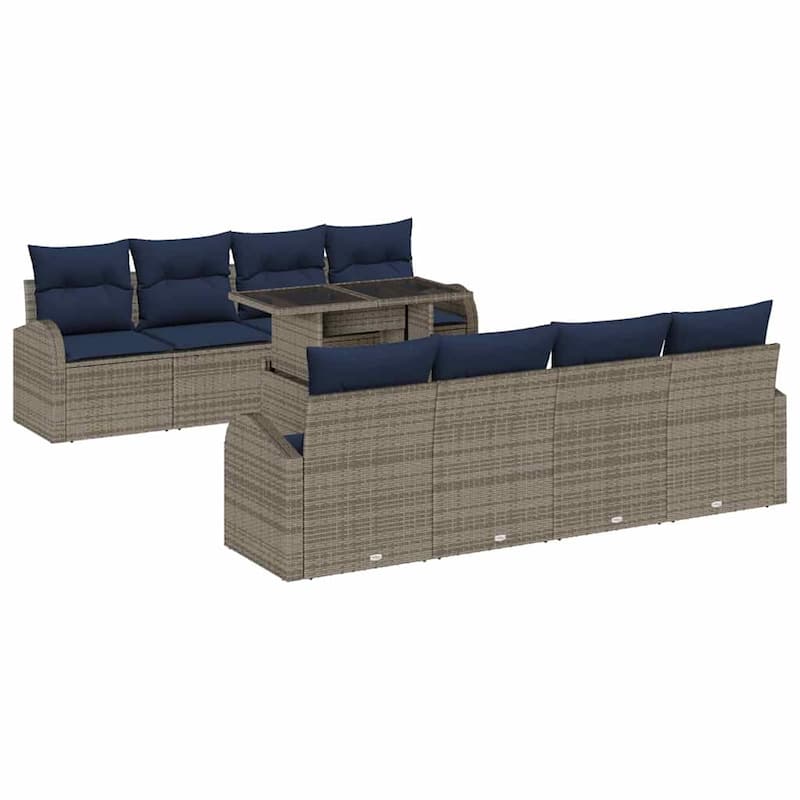 vidaXL 9 Garden Sofa Set with Cushions Black/Brown/Grey Poly Rattan - 92.1 x 24.4 x 27.2