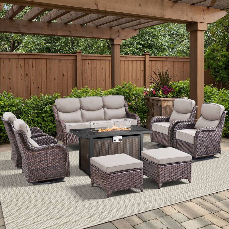 Arcadia 8-Piece PE Wicker Patio Seating Set with Durable All-Iron Fire Pit and 6-Inch Cushions