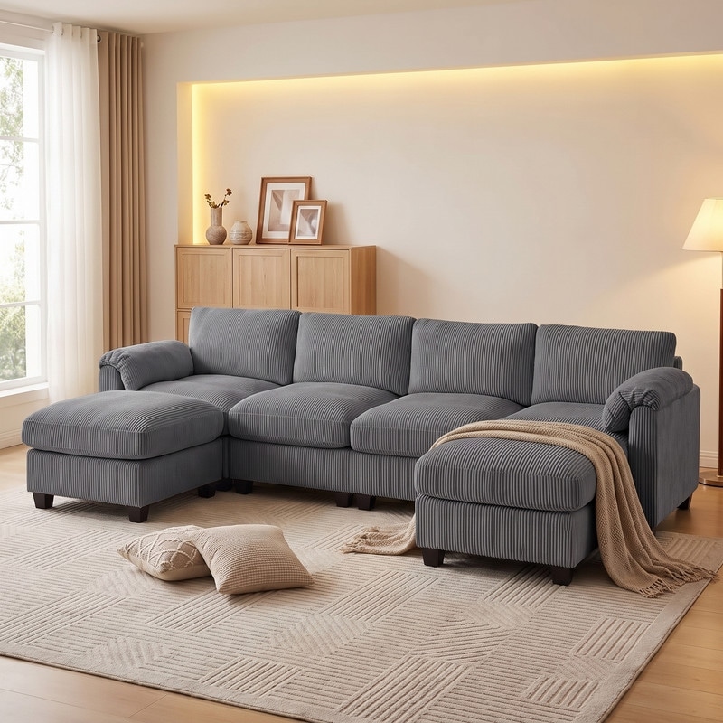 Modern Couduroy Modular Sectional Sofa Couch with Ottoman for Living Room