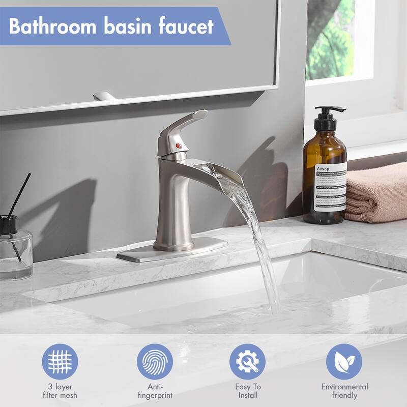 Single hole 1-handle Waterfall Handle Bathroom Sink Faucet with Drain with Deck Plate