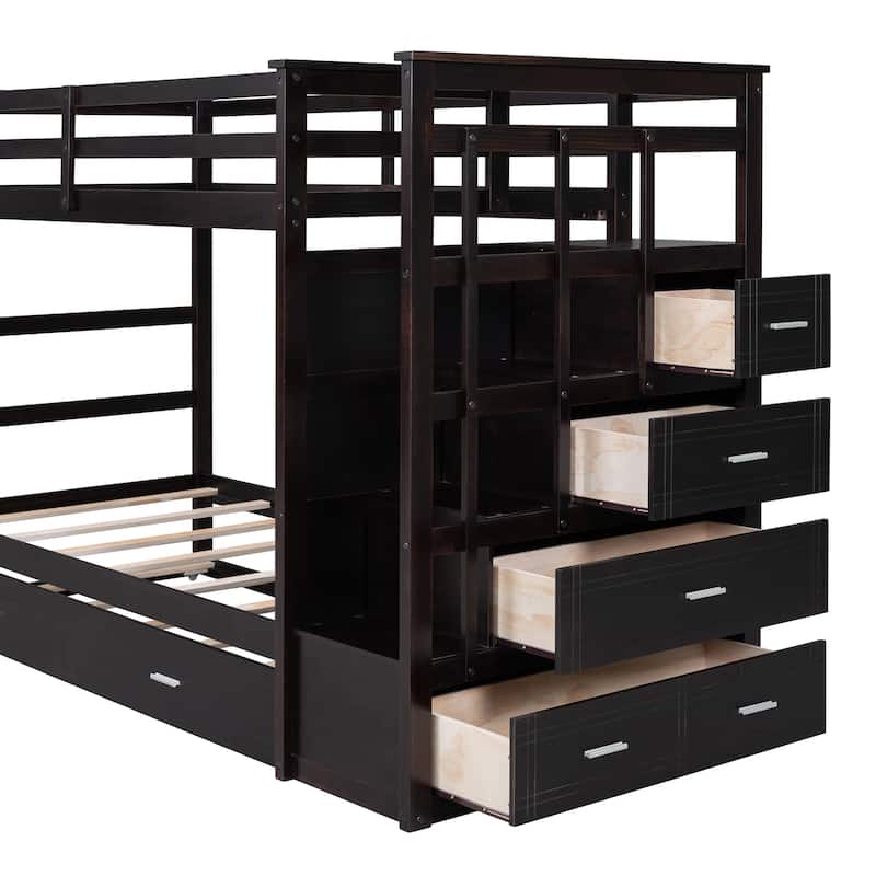 Twin/Full Size Bunk Bed with Trundle Bed and Storage Staircase, Solid Pinewood Bunk Bed Frame with Safety Guardrail