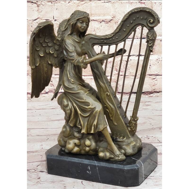 Winged Female Angel Playing Heavenly Harp - Bronze Memorial Sculpture Statue