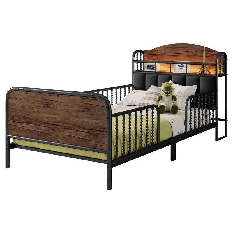 Kids Platform Bed Metal Frame with Linen Fabric Upholstered Storage Headboard Built-in Light Strip, Both Sides Rails