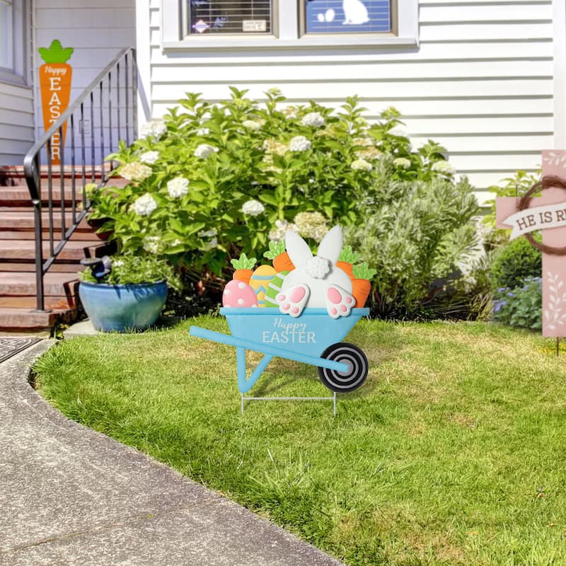 Glitzhome Easter Metal Wheel Barrow Garden Cart Yard Stake Spring Outdoor Decor