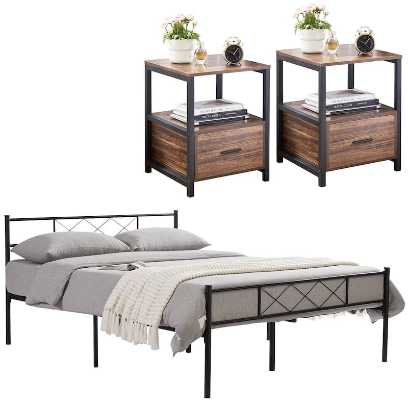 VECELO Industrial 3-Piece Bedroom Set Black Platform Bed Frame with Headboard and Modern Nightstand Set of 2