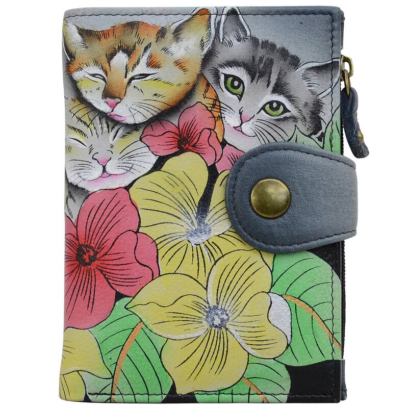 Handpainted Leather Ladies Two Fold Wallet - Three Kittens