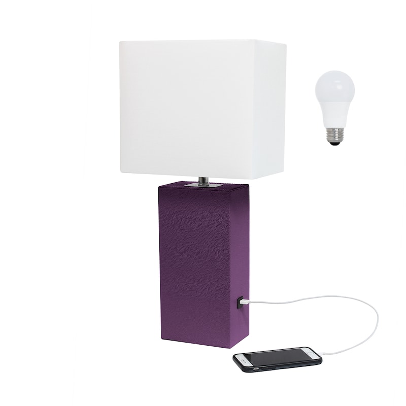 Elegant Designs 21" Modern Leather Wrapped Table Lamp with USB Port, With LED Bulb - White Shade/Eggplant Purple Base