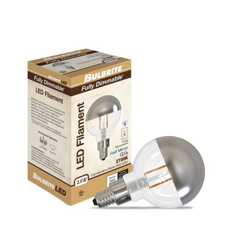 Bulbrite Multi Pack Dimmable G16 Candelabra (E12) LED Bulb - Pack of (4) 2.5 Watt - Half Mirror Filament
