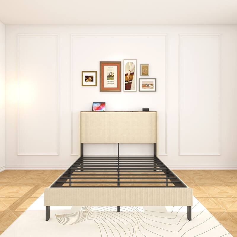 Full Size Metal Platform Bed with Charging Station, No Box Spring Needed, Easy Assembly, Noise Free