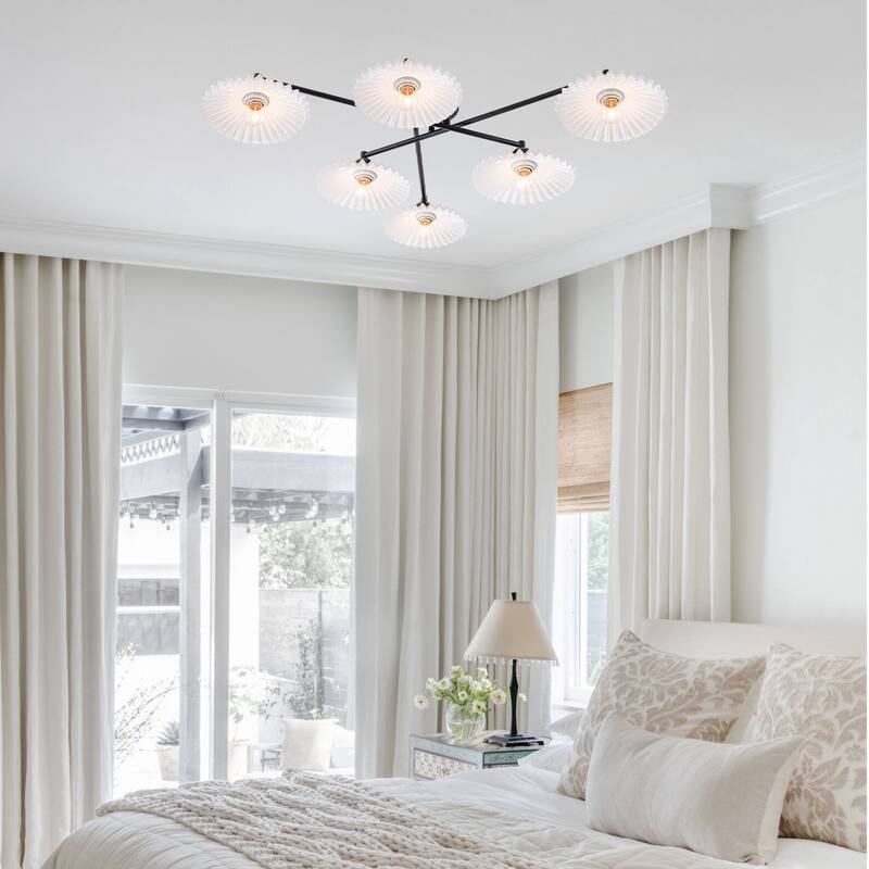 6-Light Matte Black Branch Flush Mount Ceiling Light with White Glass Shades - Dia.40.16-in