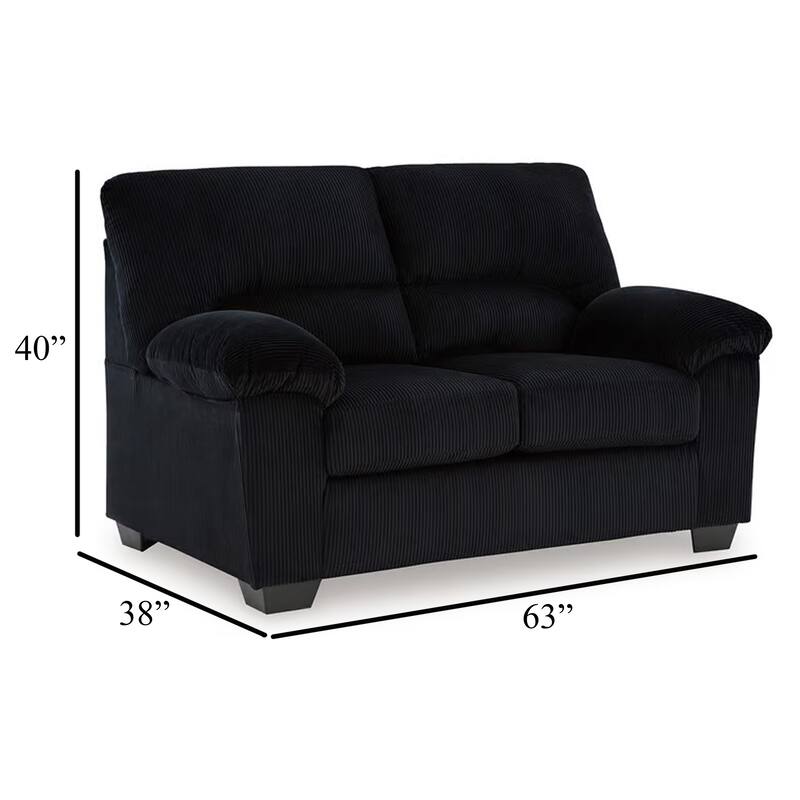 Simy Loveseat, 63 Inch Black Polyester Corduroy, Pillow Top Arms