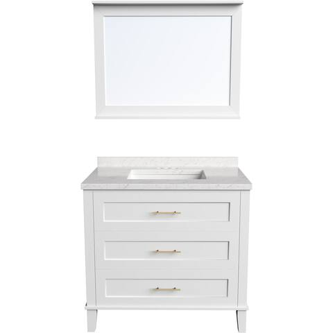 Hanover Delmont 36-In. Bathroom Vanity Set includes Sink, Countertop, plus Cabinet w/3 Drawers & Accent Mirror, White