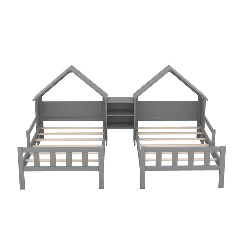Double Twin Size Platform Bed With House-Shaped Headboard And A Built-In Nightstand