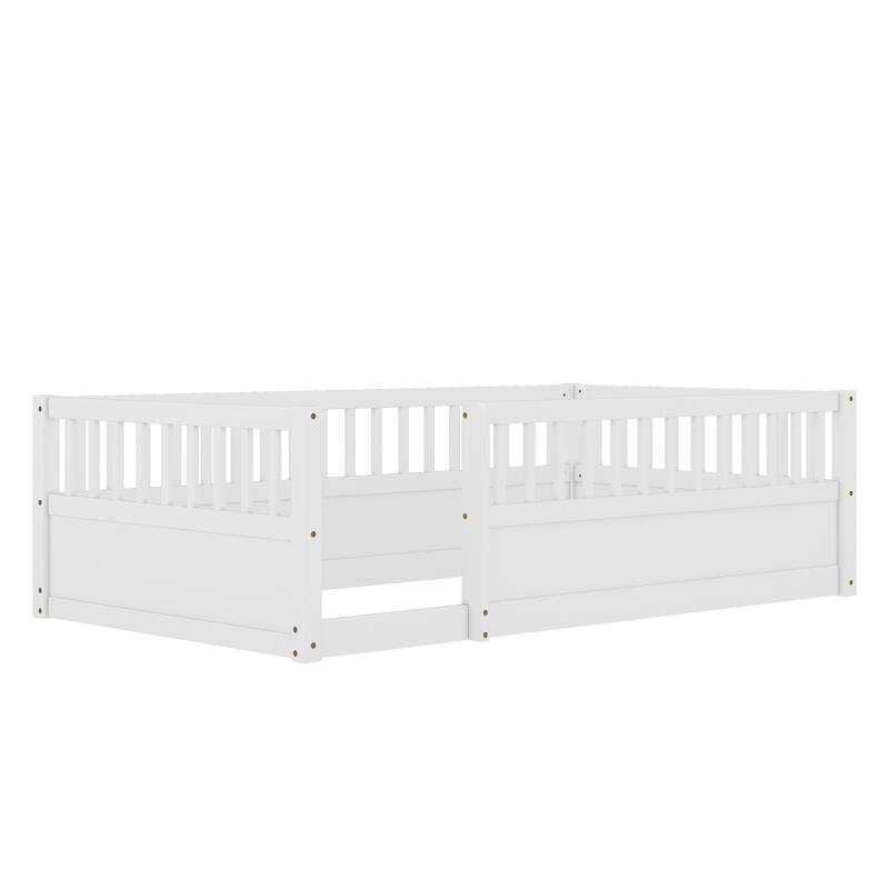 Roomfitters Wooden Twin Floor Bed Frame with Fence, Montessori Low Platform Design for Bedroom or Playroom