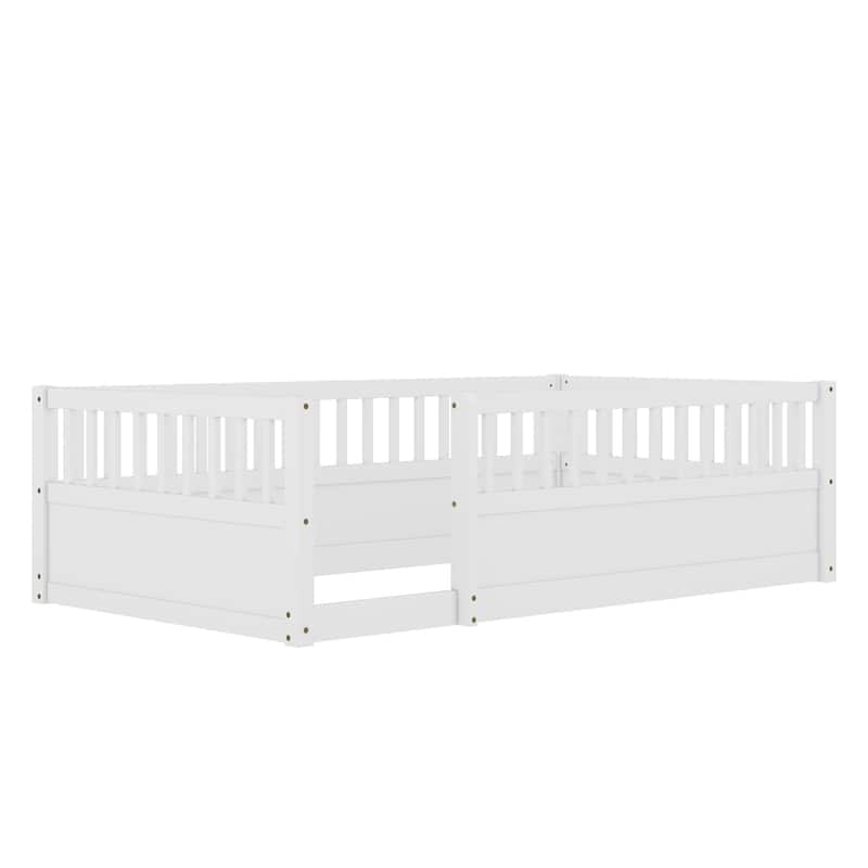 Twin Floor Bed Frame with Fence, Montessori wooden children's floor bed,Wood Kids Floor Beds Frame for Bedroom Playroom