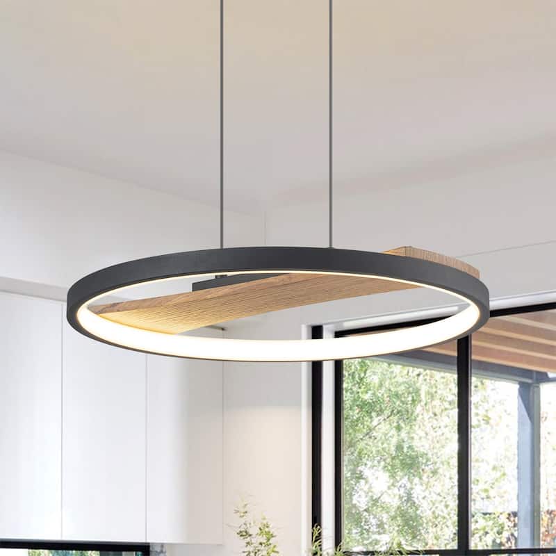 1-Light Modern Black Round Wheel Wood Integrated LED Pendant Light for Dining Room - 15.7 in. W x 81.1 in. H - 15.7 in. W x 81.1 in. H - Black