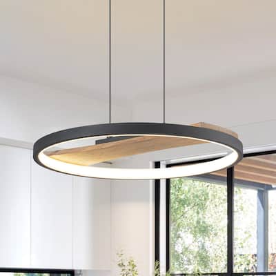 1-Light Modern Black Round Wheel Wood Integrated LED Pendant Light for Dining Room - 15.7 in. W x 81.1 in. H