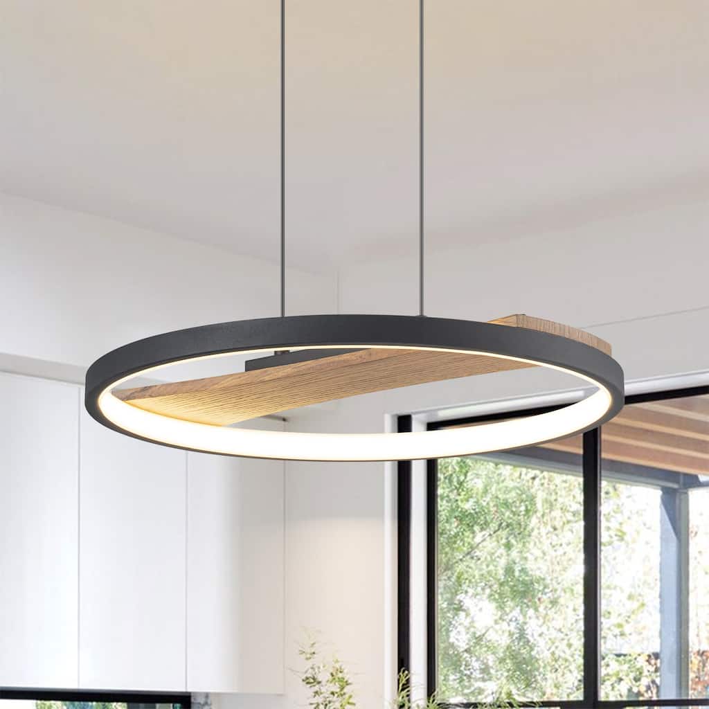 1-Light Modern Black Round Wheel Wood Integrated LED Pendant Light for Dining Room - 15.7 in. W x 81.1 in. H