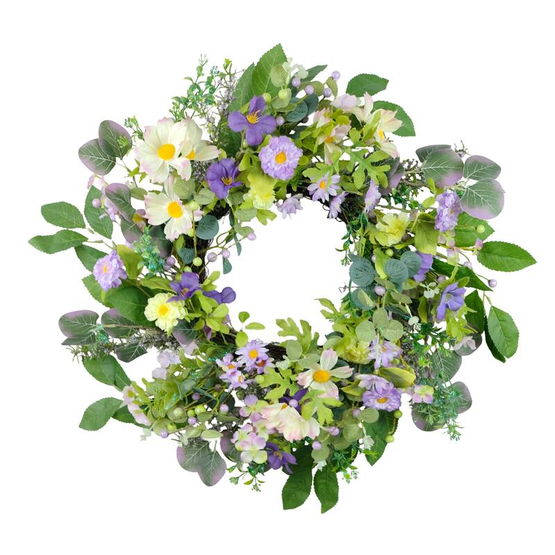 Daisy Floral Artificial Spring Wreath - 24" - Green and Purple
