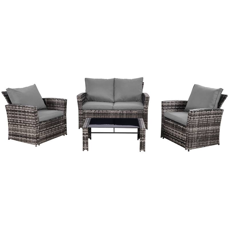 4-Piece Wicker Outdoor Sofa Set, 1 Loveseats, 2 Single Sofas, 1 Table