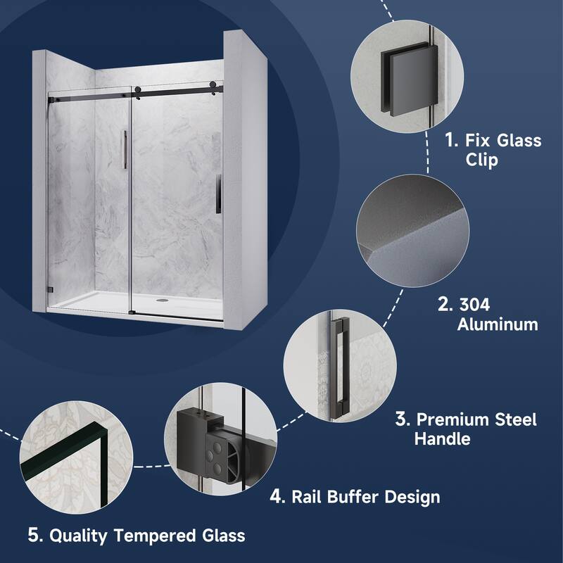 Elegant Frameless Shower Door Double Sliding Shower Glass Door 60"x72" with 5/16" Clear Tempered Glass