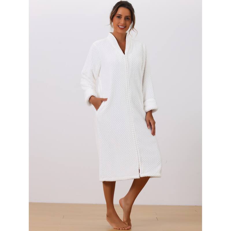 Womens Flannel Warm Cozy Fluffy Long Bathrobe Loungewear Housecoats Zipper Robes - White - S
