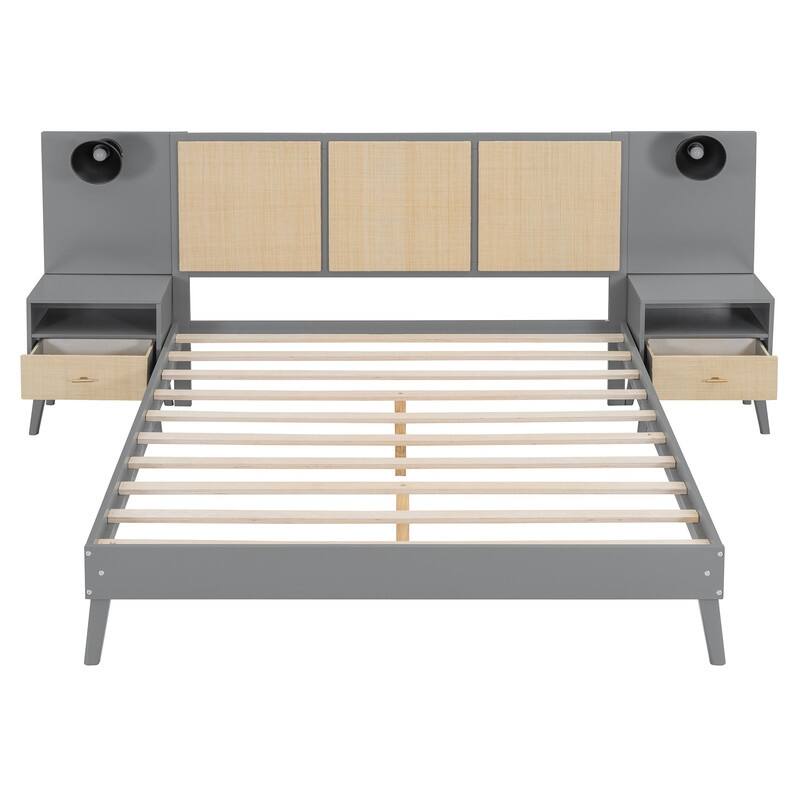 3-Piece Bedroom Set, Queen Size Bed Frame with 2 Nightstands, Multifunctional Rattan Platform Bed with 2 Bedside Lamps