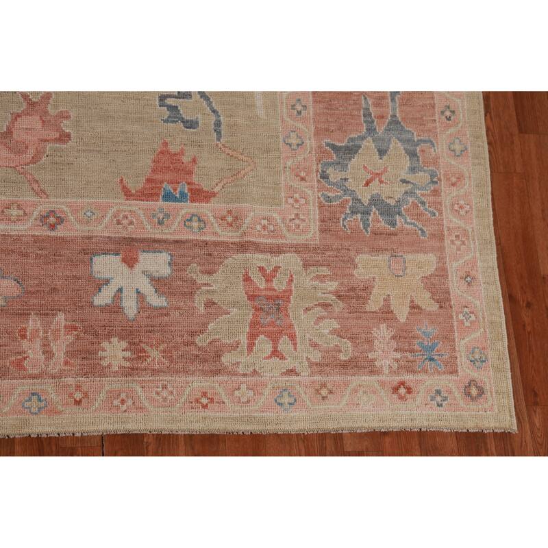 Hand Knotted Oriental 100% Wool Carpet Transitional All-Over Beige & Ivories Oushak Area Rug - 12' 2'' X 9' 4''