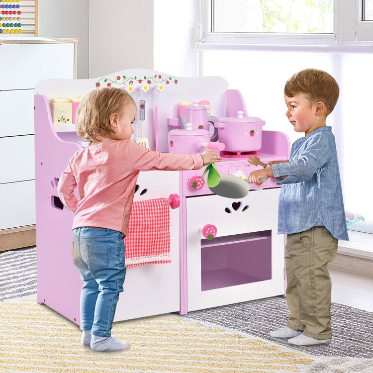 Kids Wooden Kitchen Toy Strawberry Pretend Cooking Playset - 23.6" x 11.6" x 24.4" (L x W x H)