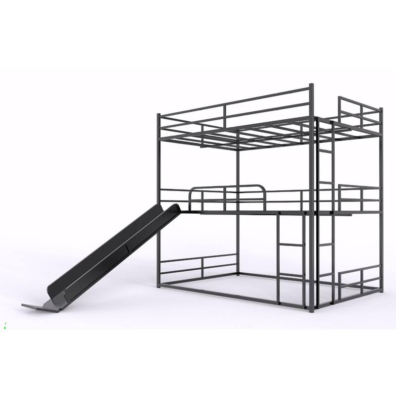 Full Size Metal Loft Bed with Slide, Ladder, and Side Shelf