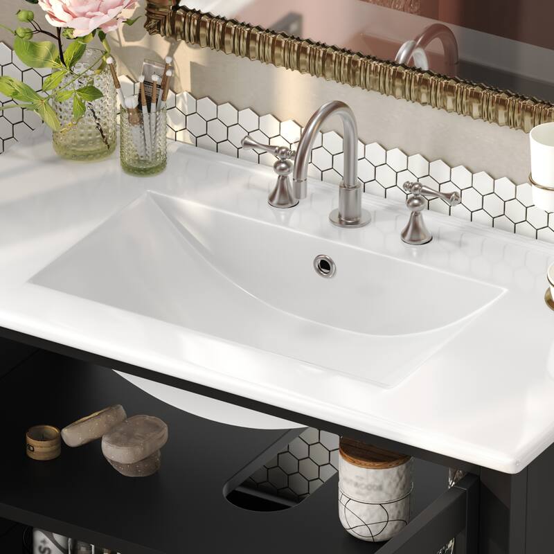 36" Storage Cabinet for Bathroom Vanity with Sink, Textured Glass Doors, Open Shelf, Silver Metal Knobs and Adjustable Shelf