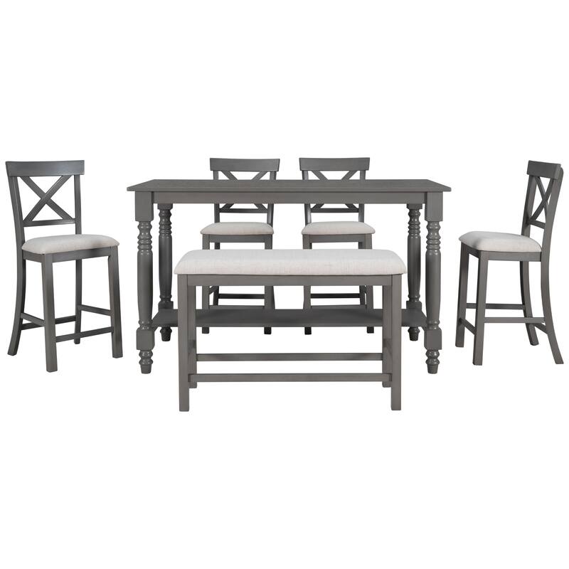 Gray Vintage 6-Piece Counter Height Wooden Dining Table Set with 4 Chairs