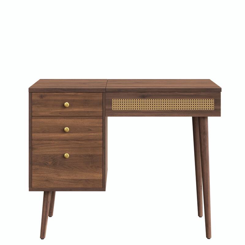 39" Retro Bohemian Style Vanity Desk with Mirror & LED Lights, Flip-Top Dressing Table with 3 Drawers, 10 Compartments