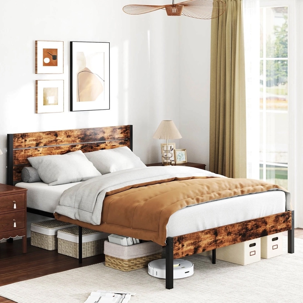 Queen Bed Frame Tall Industrial Headboard Heavy-Duty Metal Slats