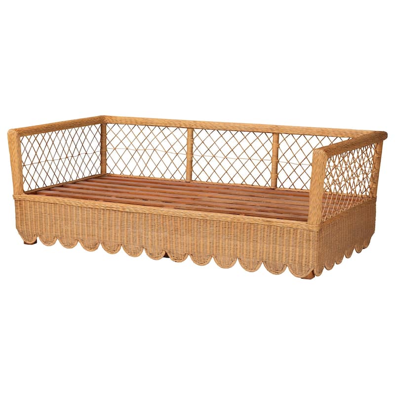 Teresa Natural Rattan Daybed - Handwoven Sofa Bed Frame with Scalloped Edge and Open Lattice Back, Coastal Boho Style, Twin