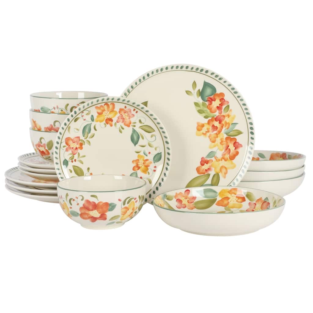 Bloomhouse Aster 16 Piece Double Bowl Hand Painted Stoneware Plates and Bowls Floral Dinnerware Set