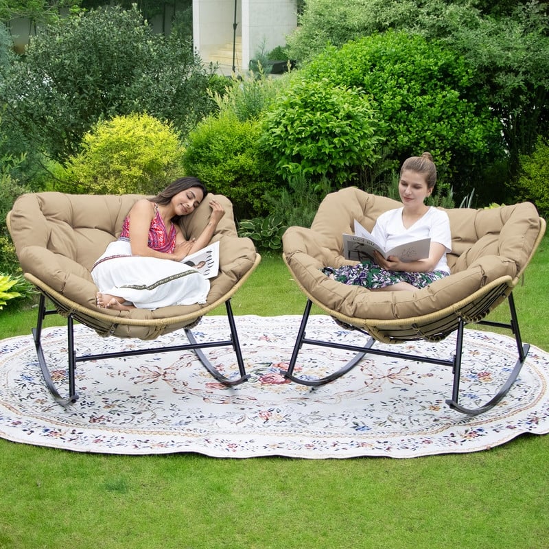 FINCATI Outdoor Royal Rocking Papasan Chair, Luxury Cozy Outdoor Rocking Chair, 450 lbs Indoor Extra Large Recliner Chair - 2 PCS-Brown