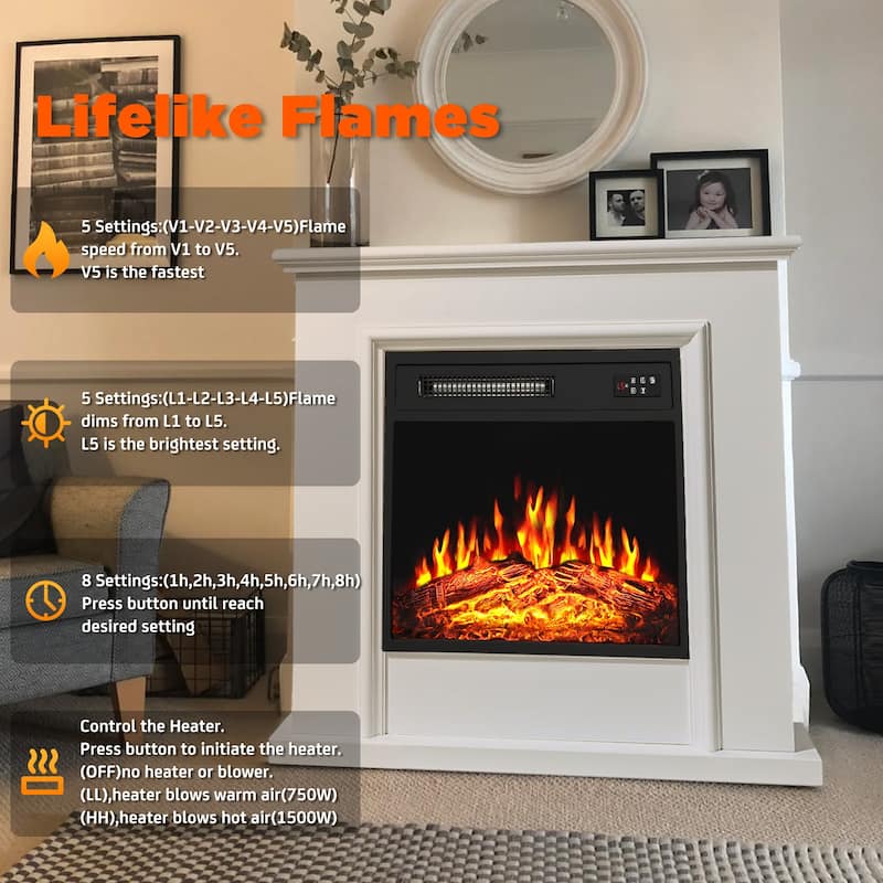 BOSSIN 18 inches Electric Fireplace Heater, 750/1500W Electric Fireplace Insert with Overheating Protection