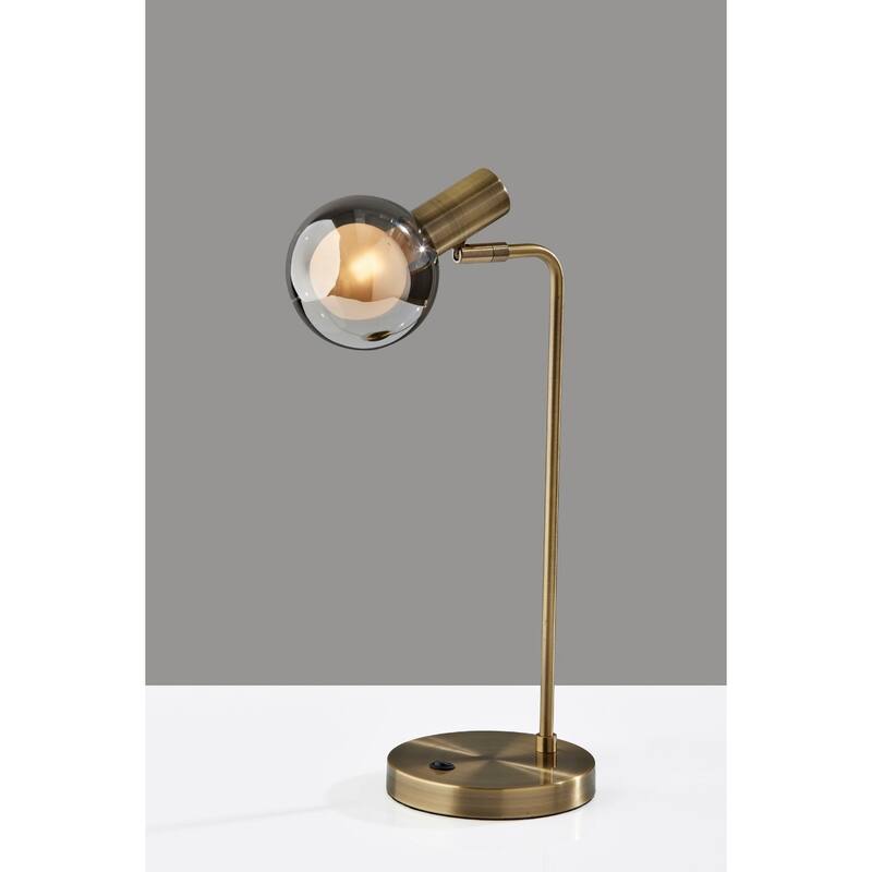 Antique Brass Metal Desk Lamp with Grey Glass Globe Shade and Rocker Switch - 8.75” x 5.5” x 17.5” (D x W x H)