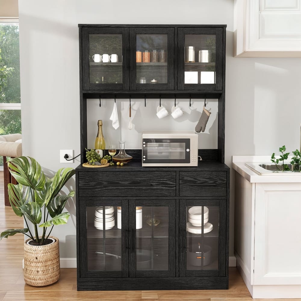 71" Tall Kitchen Pantry Hutch Storage Cabinet with Power Outlet,Freestanding Cupboard Storage Buffet with Drawers & Glass Doors