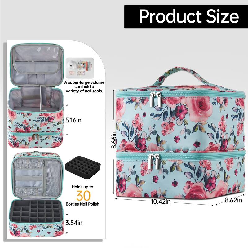 Double-Layer Nail Polish Organizer Bag, Holds 27 Bottles, Nail Tools & Dryer Storage Case with Adjustable Dividers