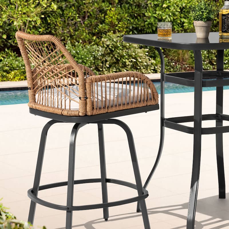 Swivel Patio Bar Set with Cushions, Handwoven Twisted Rattan Design