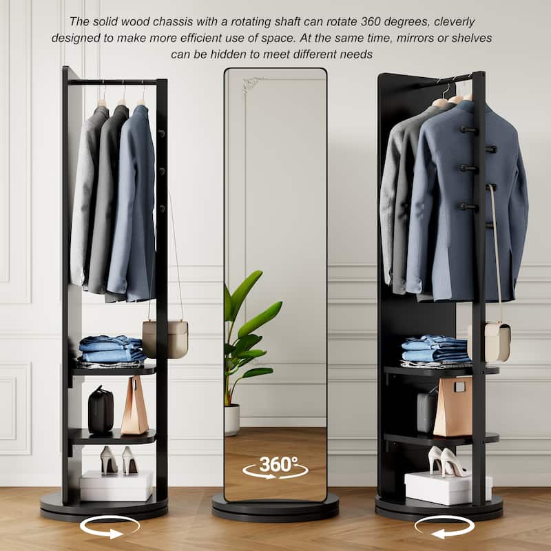 360° Rotating 66"x14" Multifunctional Full Length Mirror with Hook Storage Rack Coat Rack with Mirror Solid Wood Floor Mirror