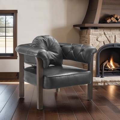 Art Leon Mid-century Top Grain Leather and Wood Accent Chair
