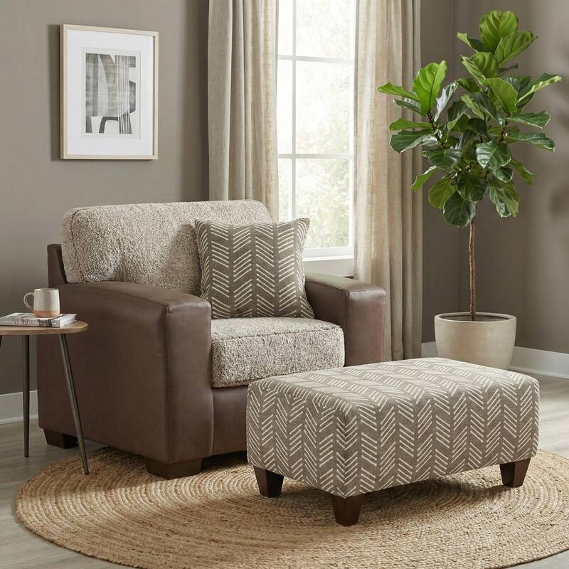 Roundhill Furniture Marvella 2-Piece Living Room Set, Chair and Ottoman, Chocolate Faux Leather and Curly Shearling Upholstery